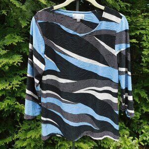 JM Collection Black/Blue/Tan Stretchy Textured Knit 3/4 Sleeve Top